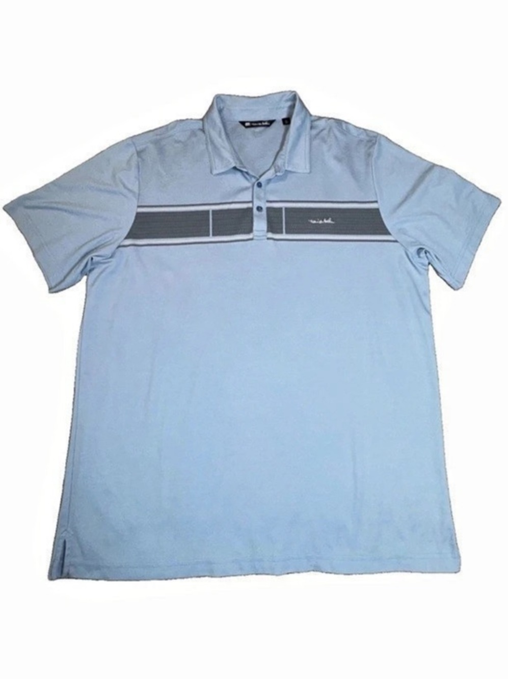TravisMathew Men’s 2XL White/Blue Striped Short Sleeve Collared Polo Logo